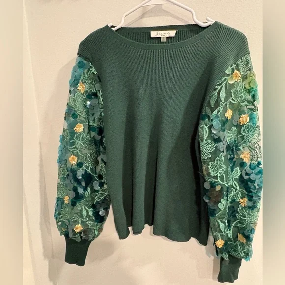 Sioni Green Embellished Sleeve Sweater - Picture 12 of 13